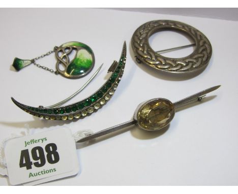 BAR BROOCHES, circular Celtic bar brooch, a green and clear paste set bar brooch in sterling silver, an Art Nouveau design si