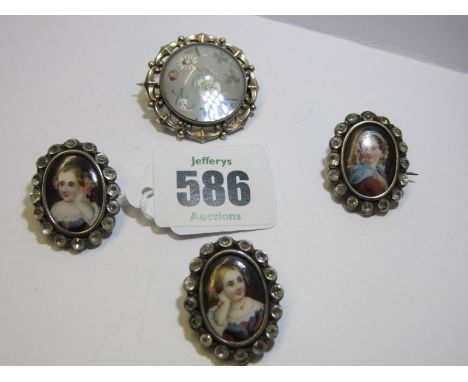 ANTIQUE BROOCHES, circular silver framed crystal brooch, floral and bird decoration, also 3 oval paste set porcelain portrait