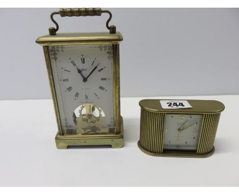 VINTAGE BEDROOM CLOCK, tambour design brass case bedroom clock by Swiza Coquet together with Schatz brass cased bedroom clock