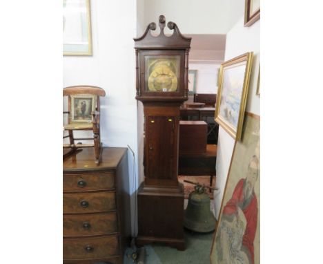 18TH CENTURY LONG CASE CLOCK, a brass square faced 30 hour long case clock, riverscape and bird engraved face with cross band