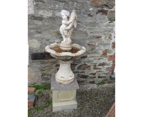 GARDEN STATUE, pedestal support garden fountain with cherub and fish finial, 62" high x 24" width with pump