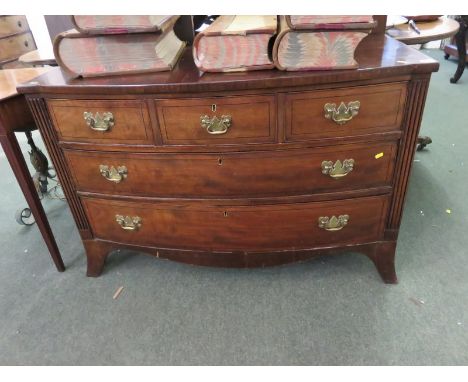 19TH CENTURY MAHOGANY BOW FRONT CHEST, 3 short drawers and 2 long graduated drawers on splayed bracket feet, 45" width