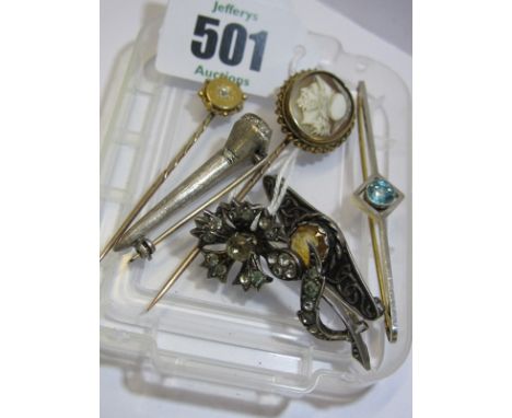 BAR BROOCHES AND STICK PINS, stone set bar brooch, set an aqua marine type stone, celtic design brooch set citrine, diamond s