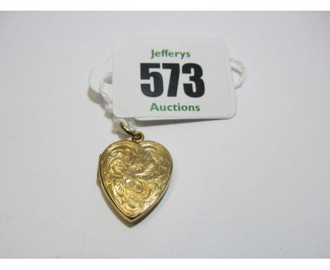 GOLD LOCKET, 9ct gold foliate decorated heart shaped locket with portrait interior