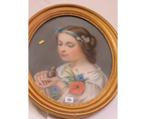 VICTORIAN PORTRAIT, gilt oval framed pastel portrait "Young Girl Holding a Pet Bird" 18" x 14"