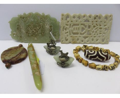JADE, a pierced jade medallion and one similar plaque, together with other ethnic carvings and decorations