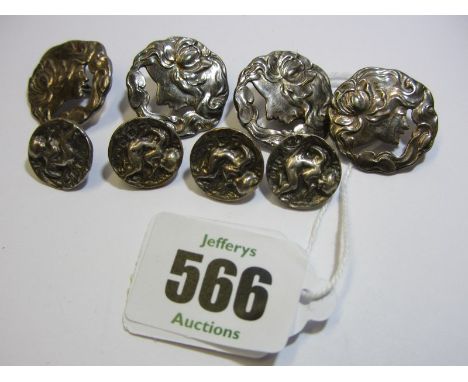 ART NOUVEAU BUTTONS, set of 4 silver Art Nouveau pierced decorated buttons, of a portrait with flowing locks, together with a