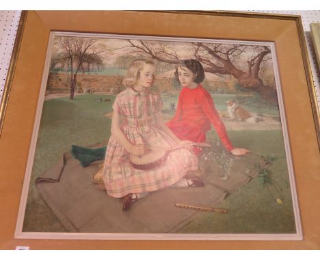 CLAUDE HARRISON, signed oil on board dated 1961, portrait of  "Young Girl Musician in walled Garden setting", 24" x 28"
