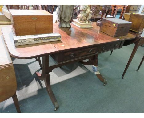 REGENCY SOFA TABLE, cross banded mahogany twin drawer sofa table on inlaid splayed legs with brass claw castors and ring drop