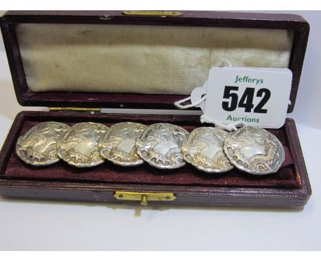 ART NOUVEAU BUTTONS, set of 6 white metal Art Nouveau buttons, decorated portrait of a lady with flowing locks, in fitted cas