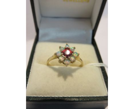 GARNET & OPAL RING, 9ct yellow gold ring set a central garnet within cluster of opals, size P