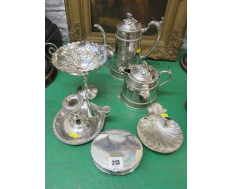 SILVER PLATE, Sheffield plate chamber stick with snuffer, shell design butter dish, Victorian plated coffee pot and milk jug 