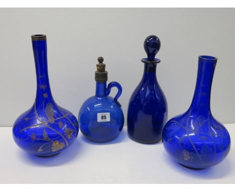 THOMAS WEBB BLUE GLASS, mallet shaped decanter & stopper also antique blue glass flagon bottle & 2 gilded blue glass vases