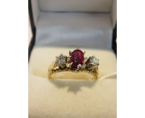 RUBY & DIAMOND RING, 18ct yellow gold 3 stone ruby and diamond ring, size O