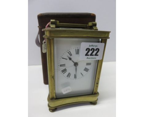CARRIAGE CLOCK, brass cased carriage clock with bevelled glass panels, together with carrying case, 5" height