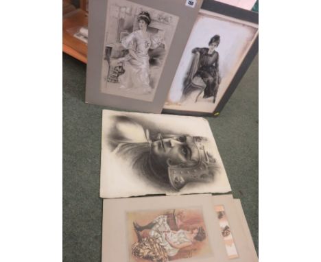 EDWARDIAN FASHION STUDY, heightened monochrome water colour of seated Young Lady, 1 similar study, assorted prints and charco