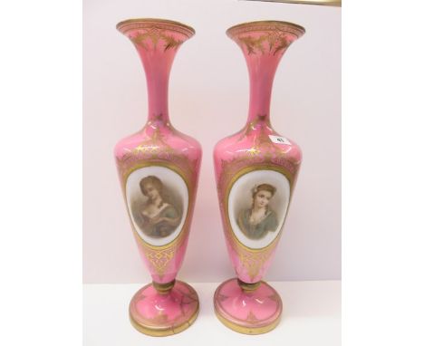 VICTORIAN GLASSWARE, pair of mid 19th Century pink cased milk glass trumpet necked vases, portrait reserves with gilded surro