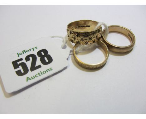 GOLD BAND RINGS, 3 9ct yellow gold band rings, 2 with fancy decorations, sizes K & M, 9.7 grams