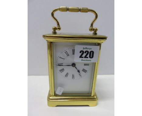 BRASS CASED CARRIAGE CLOCK, with bevelled glass panels, 4.5" height 