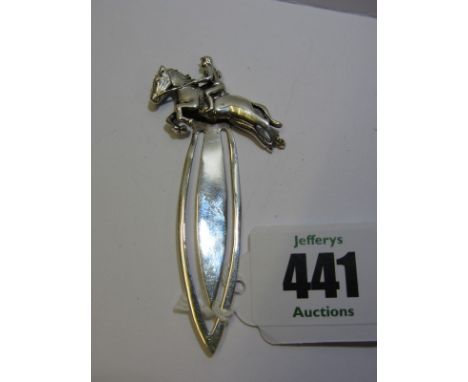 BOOK MARK, a silver book mark with finial in the form of a horse and rider, 7cm