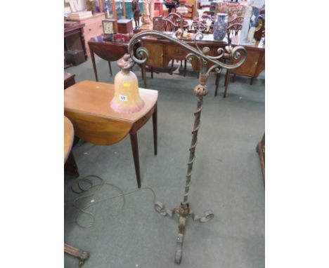 ANTIQUE LIGHTING, splatter glass shade wrought iron standard lamp on on scroll tripod base, 52" high