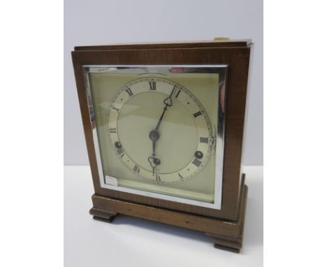 ART DECO MANTEL CLOCK, oak and chrome detailed square face mantel clock by Elliott, 9.5" high