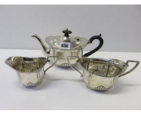 EDWARDIAN SILVER TEA SERVICE, HM silver 3 piece fluted oval base tea service, Birmingham 1903, 15.5 ozs (inc of ebonised hand