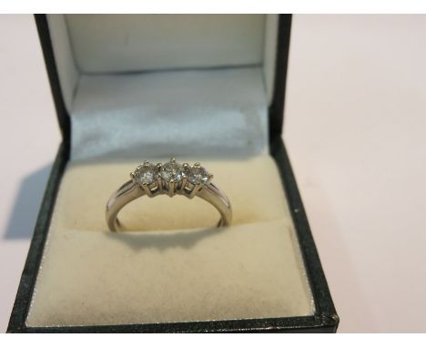 3 STONE DIAMOND RING, 18ct white gold 3 stone diamond ring, diamonds totalling approx 0.5ct, size K