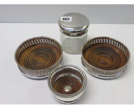 VANITY JAR, HM silver lidded cut glass vanity jar, also pair of silver plated copper decanter coasters and 1 smaller coaster