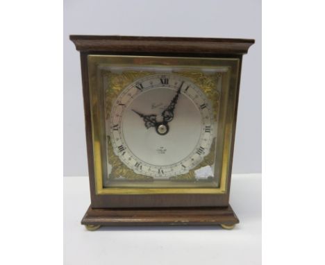 ELLIOTT MANTEL CLOCK, mahogany cased square faced mantel clock for Beard's of Cheltenham, 6" high