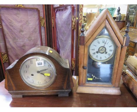 AMERICAN ARCHITECTURAL CLOCK, Jerome & Co architectural mantel clock with bell strike together with an Art Deco oak veneered 