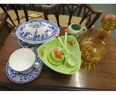 CARLTON SALAD BOWL & SERVER af, also fruit decorated vase, Royal Crown Derby large cup & saucer, amber glass decanter etc