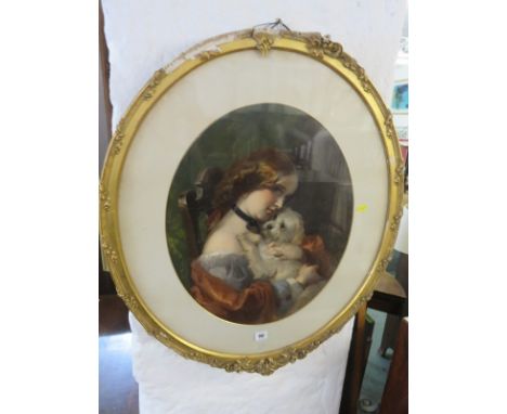 VICTORIAN CHROMOLITHOGRAPH, oval gilt framed "Portrait of Young Lady with Terrier" 20" x 16" 