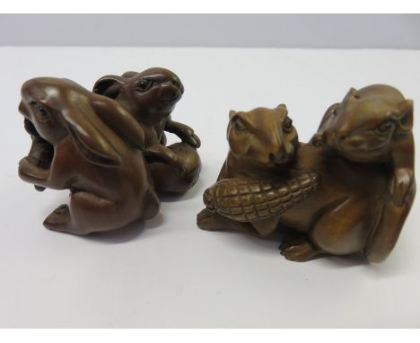 NETSUKE, Eastern carved fruit wood Netsuke of 2 mice with corn cob, together with similar carving of 2 hares