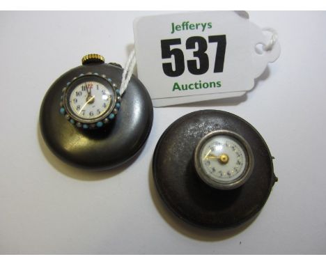 BUTTON WATCHES, 2 vintage Button watches, of circular form in metal cases, with white enamel dial, 1 with pearl and turquoise