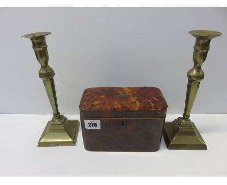 GEORGIAN TORTOISESHELL TEA CADDY, a twin section caddy with bone interior handles; also pair of Georgian design brass square 