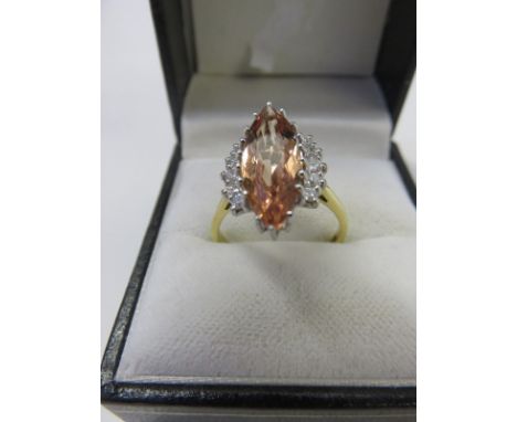 IMPERIAL TOPAZ & DIAMOND RING, 18ct yellow gold ring, set a lozenge form Imperial topaz, approx 18mm length, set 5 diamonds t