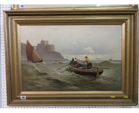 R DOUGLAS, signed oil on canvas, "Rowing gig off Fortress Headland" 15" x 23"