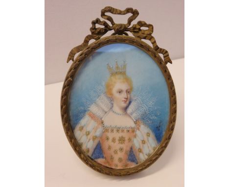 MINIATURE PORTRAIT ON IVORY, "Queen Elizabeth I", signed Dupoy in ornate ribbon crested easel frame, 4" height