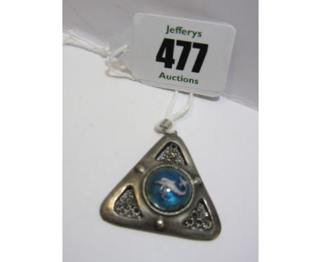 CHARLES HORNER, silver and enamel triangular form pendant, the enamel with stylized fish decoration, stamped CH to rear