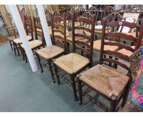 LADDER BACK CHAIRS, set of 3 rush seated Lancashire-style ladder back chairs with pad feet, together with pair of similar lad