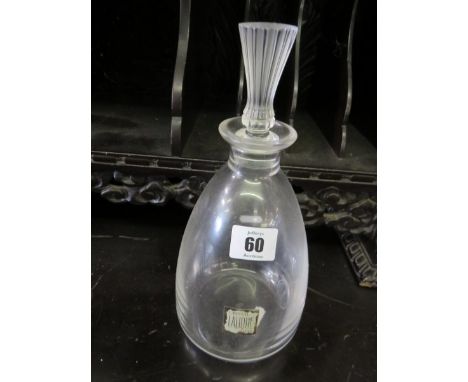 LALIQUE, etched signed glass decanter with ribbed stopper 10" high 