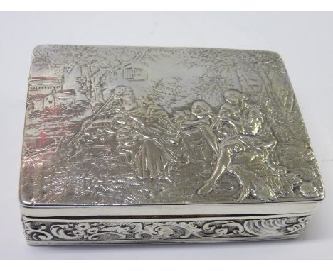 CONTINENTAL SILVER SNUFF BOX, embossed decoration of musician lady and companion in garden setting, possibly 18th Century Par