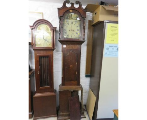 EARLY 19TH CENTURY 8 DAY LONGCASE CLOCK, painted break arch face with country inlaid casing (requiring restoration)