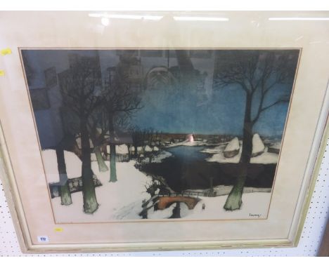 SAVERY, limited edition coloured lithograph "Winter Riverscape" 