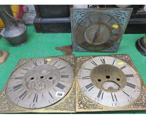 GEORGIAN CLOCKS, 18th Century brass square face 30 hour clock movement, together with 2 Georgian 8 day clock faces by Neddey 