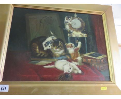 OIL ON BOARD, indistinctly signed "Kittens Playing, Mantle Clock & Peacock Feather" 11.5" x 15.5"