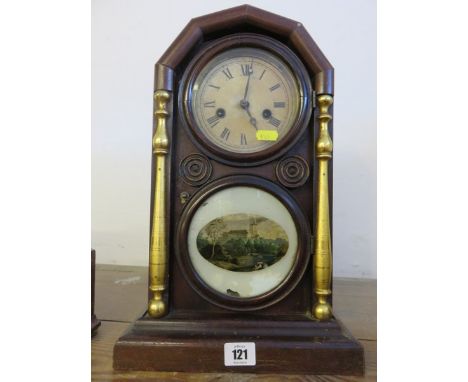 AMERICAN MANTEL CLOCK, rosewood and gilt column detailed mantel clock by E Ingraham of Bristol, with pictorial window display