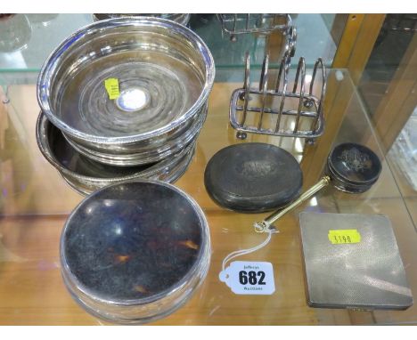 SILVER TOBACCO POUCH, HM silver compact S Mordan ejector pencil, pair of antique decanter coasters a/f and 3 other pieces