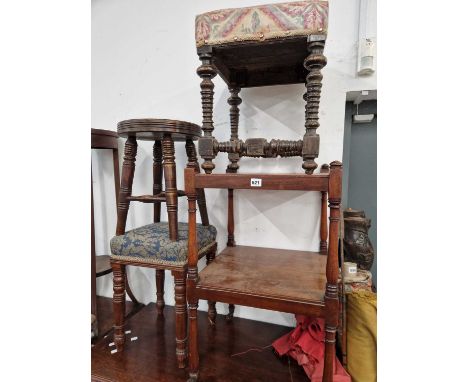 A mahogany two tier stand, three various stools together with a two tier plant stand